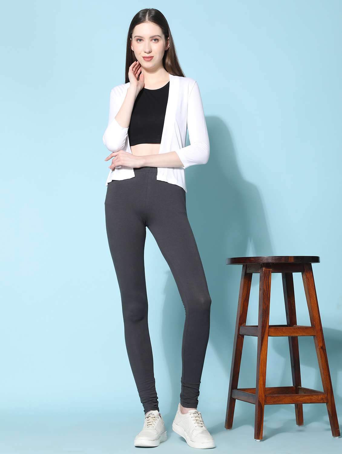 women solid tank top & tight with shrug set