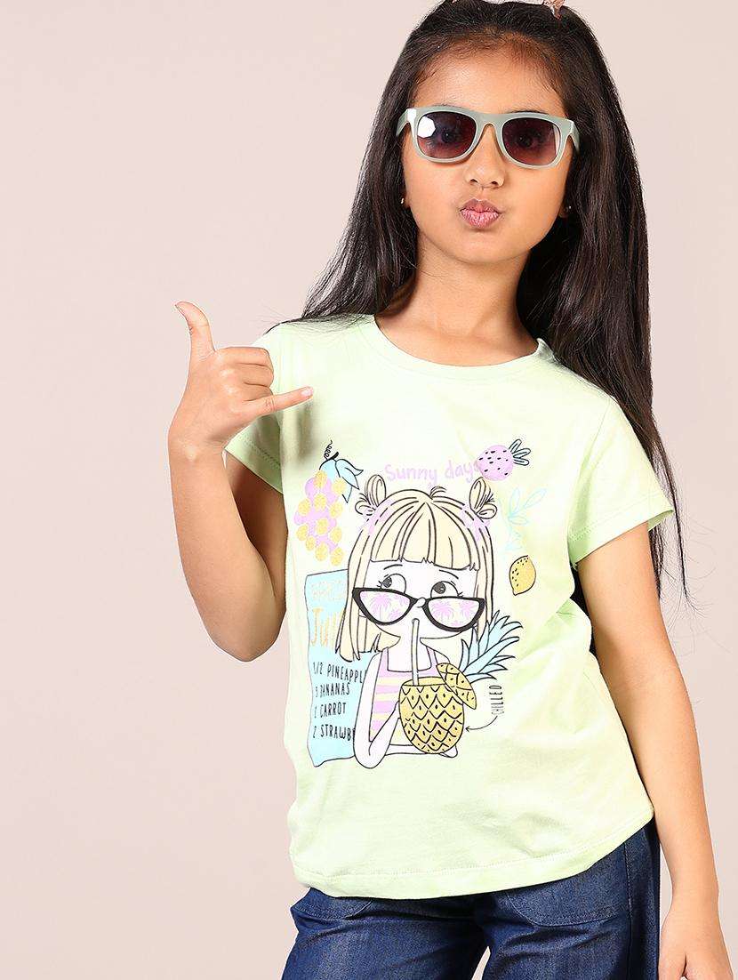 girls front print round neck casual t-shirt - 21764571 -  Zoom Image - 0