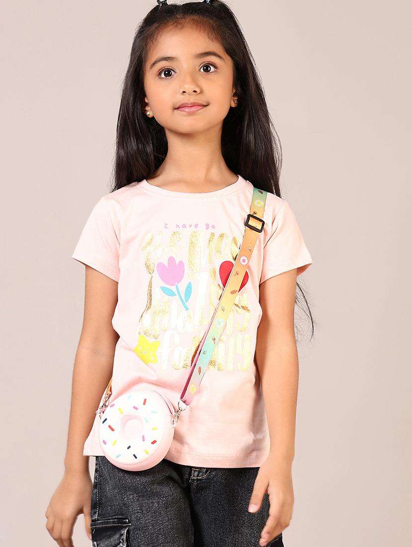 girls front print round neck casual t-shirt