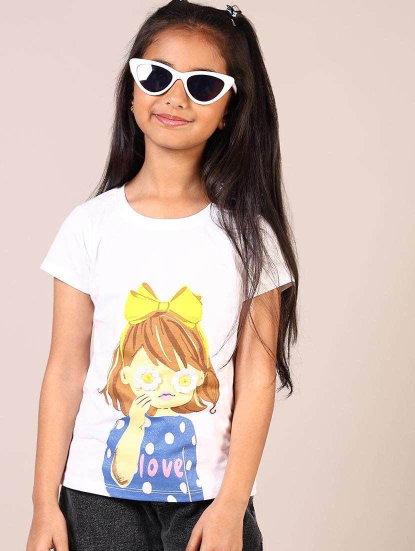 girls front print round neck casual t-shirt