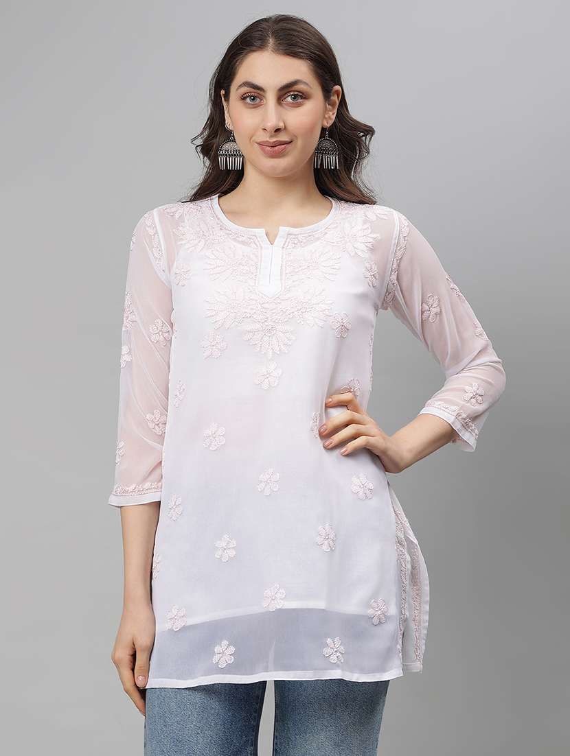 women three quarter sleeve straight chikankari kurti