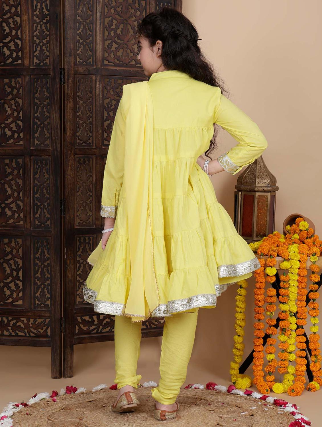 girls yellow gota work kurta churidaar set with dupatta - 21764868 - Standard Image - 3