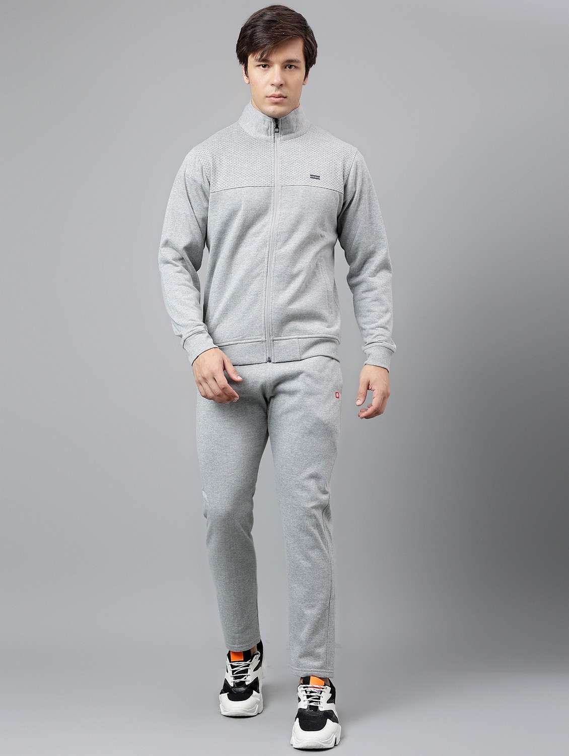 men solid stand collar full length track suit
