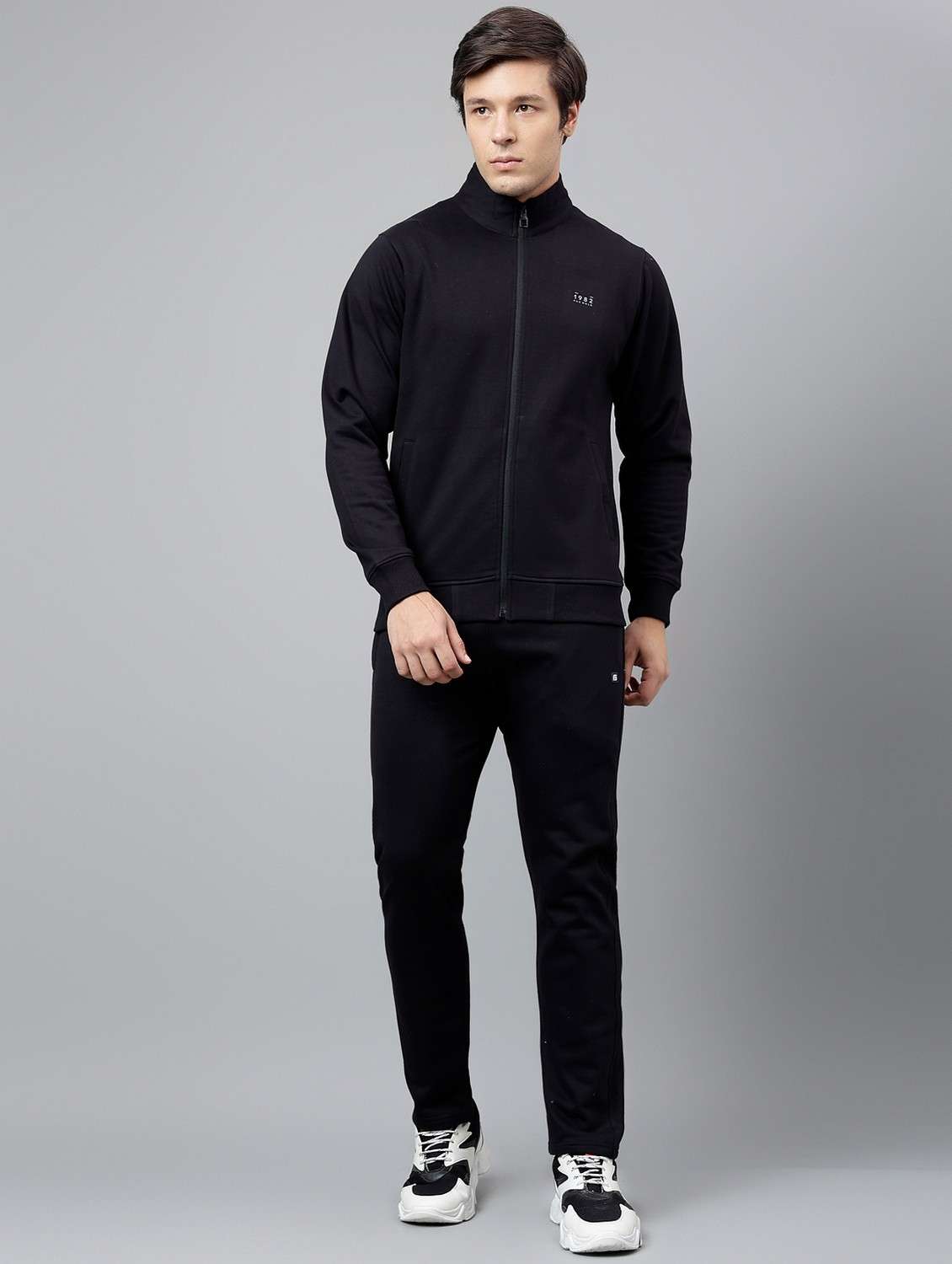 men solid stand collar full length track suit