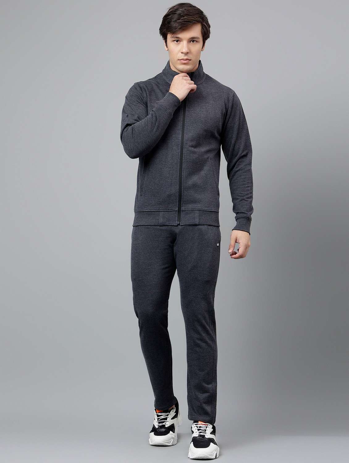 men solid stand collar full length track suit
