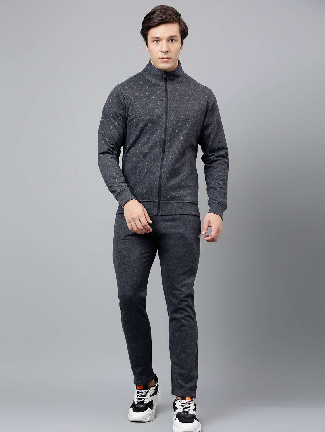 men printed stand collar full length track suit