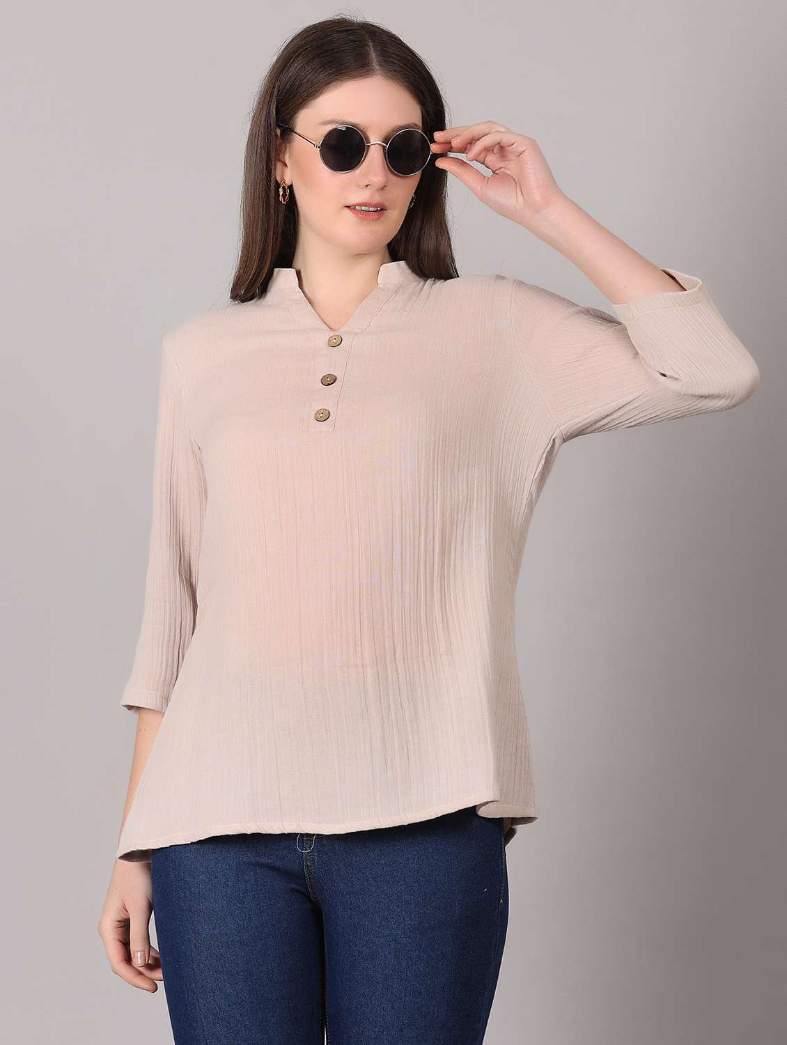 women solid mandarin neck a-line top - 21765171 -  Standard Image - 3