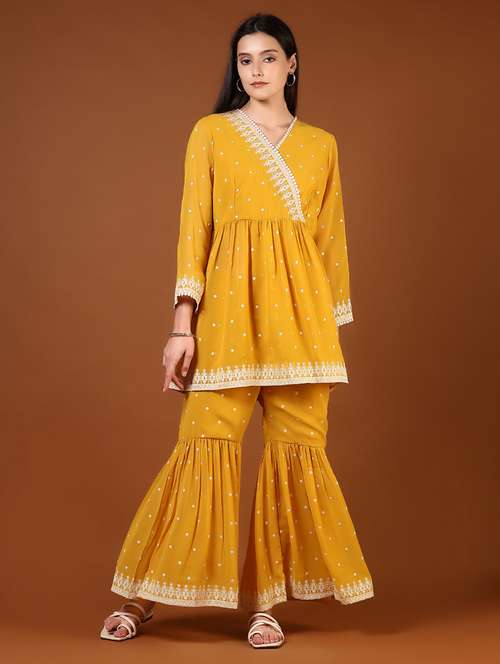 women's angrakha mustard embroidered kurta sharara set - 21765385 - Standard Image - 0