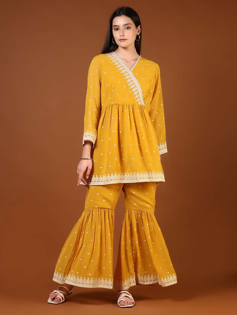 women's angrakha mustard embroidered kurta sharara set - 21765385 - Zoom Image - 0