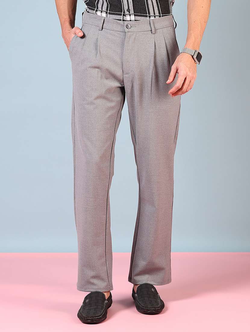 men mid rise solid pleated casual trouser