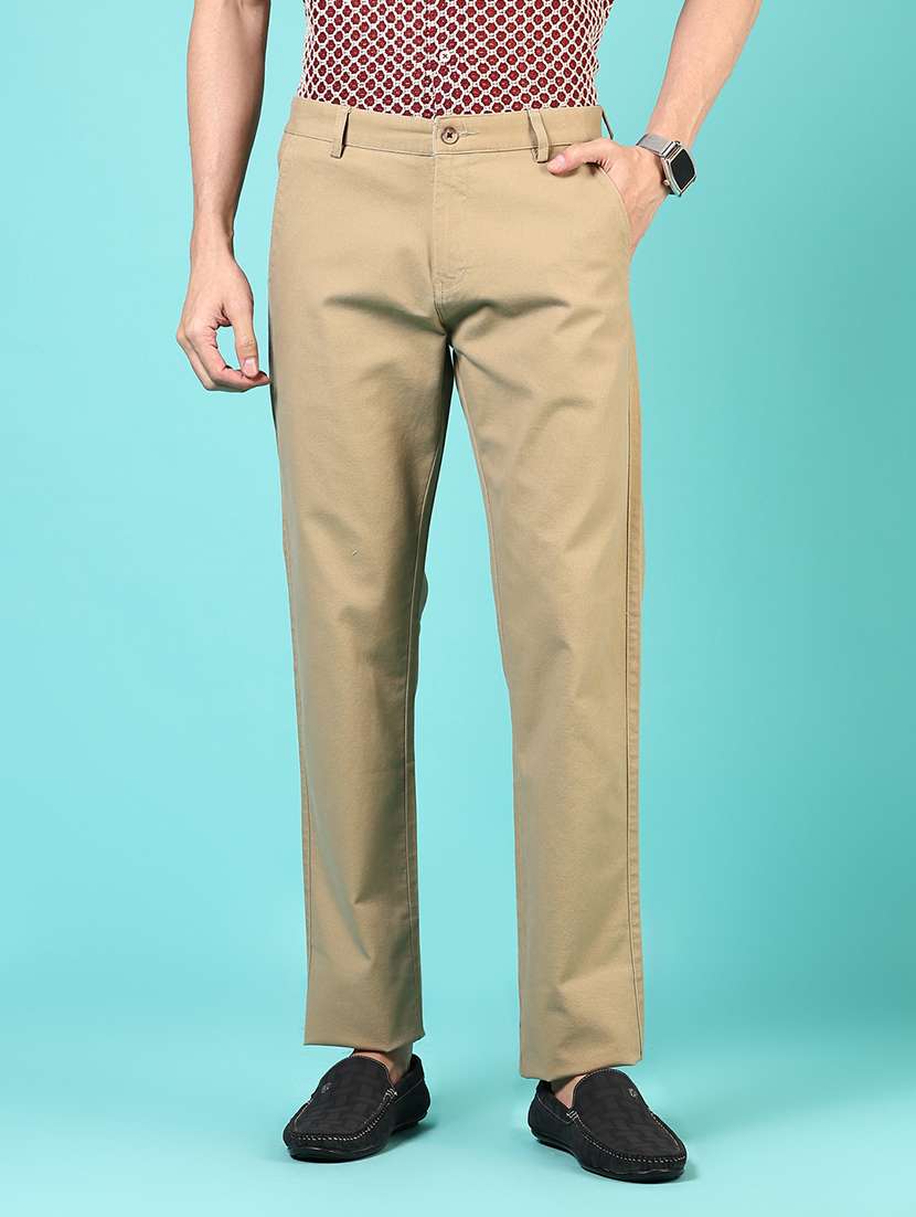 men mid rise solid flat front casual trouser