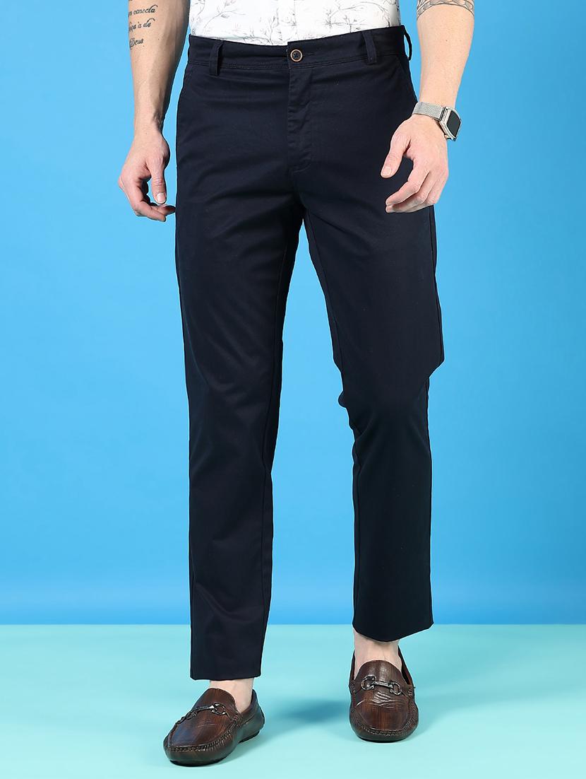 men mid rise solid flat front casual trouser