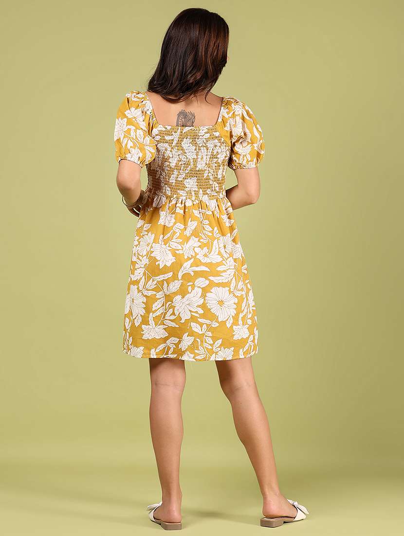 women mustard floral printed puff sleeve dress - 21766475 - Standard Image - 3