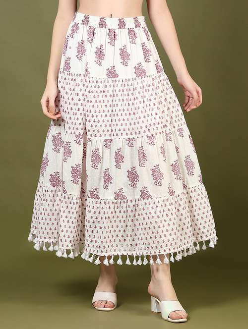 women off white prinred mid rise tiered skirt - 21766490 - Standard Image - 0
