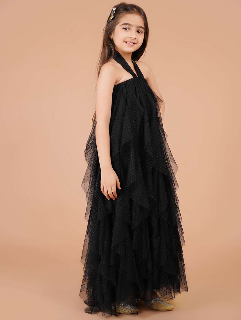girls black self design halter neck ruffle dress - 21766669 - Standard Image - 3