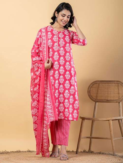 women three quarter sleeve kurta pant with dupatta set - 21766748 -  Standard Image - 0