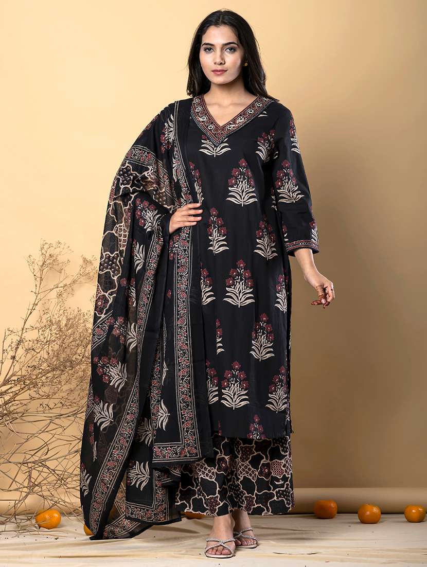women three quarter sleeve kurta palazzo with dupatta set