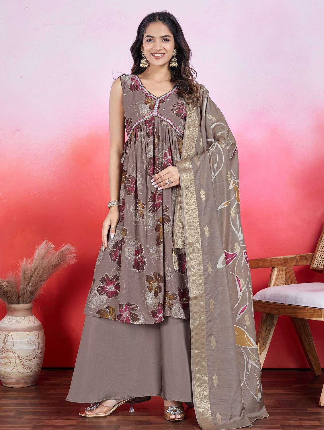 women brown sleeveless kurta palazzo with dupatta set