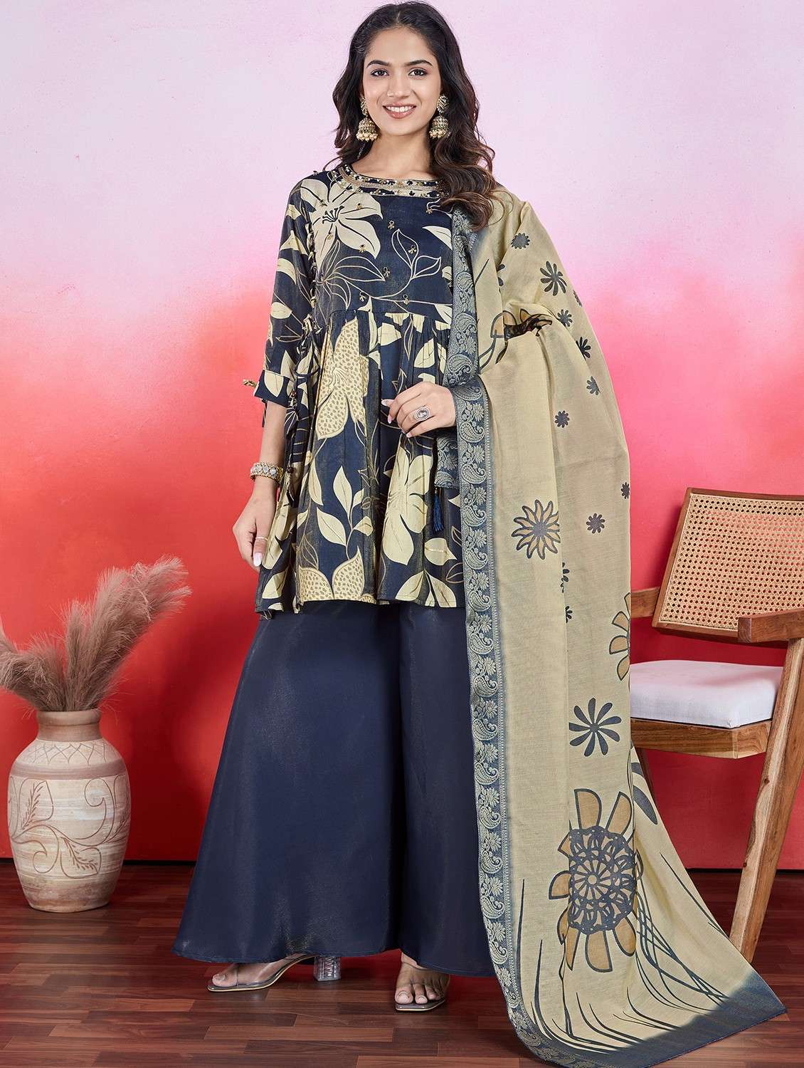 women three quarter sleeve kurta palazzo with dupatta set