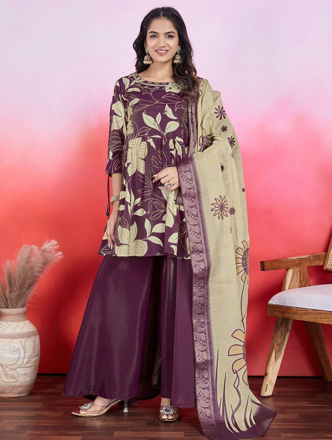 women three quarter sleeve kurta palazzo with dupatta set - 21766920 -  Zoom Image - 0