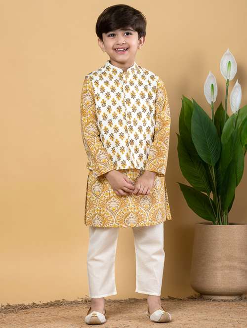 boys printed long sleeves kurta pyjama with jacket set - 21766929 - Standard Image - 0