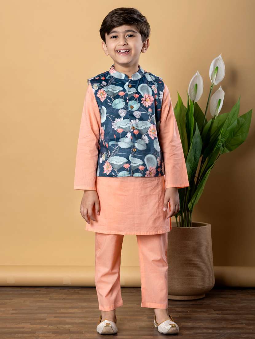 boys printed long sleeves kurta pyjama with jacket set