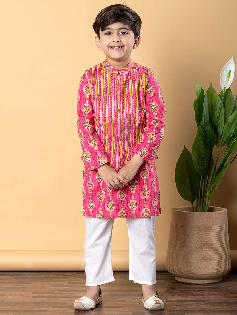 boys printed long sleeves kurta pyjama with jacket set