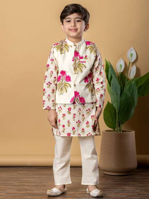 boys printed long sleeves kurta pyjama with jacket set - 21766950 - Standard Image - 0
