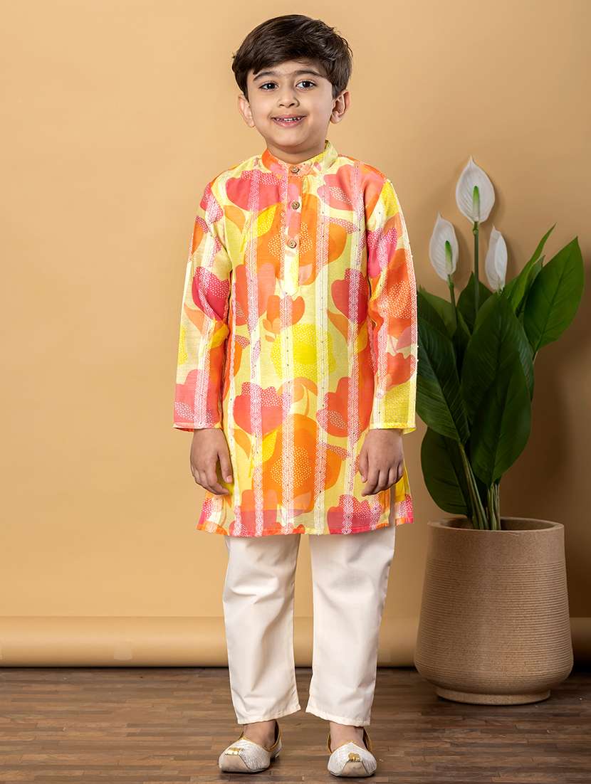 boys printed long sleeves kurta pyjama set
