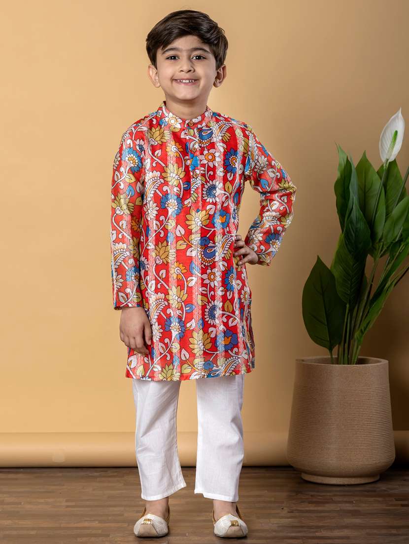 boys printed long sleeves kurta pyjama set