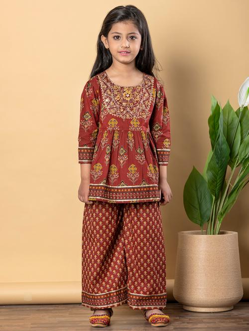 girls three quarter sleeve kurta palazzo set - 21766977 -  Standard Image - 0