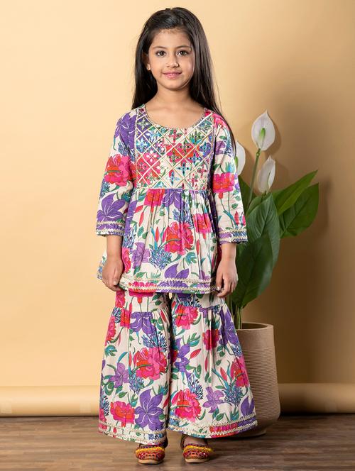 girls three quarter sleeve kurta sharara set - 21766984 -  Standard Image - 0