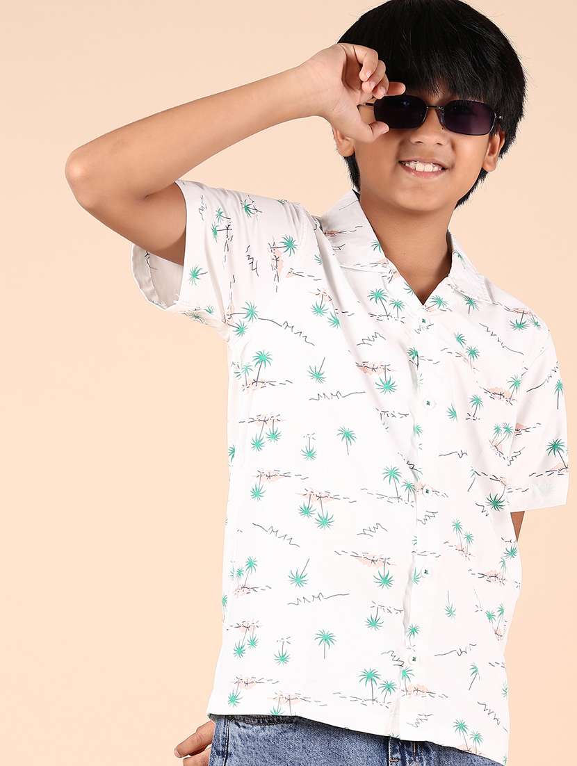 boys white printed short sleeve casual shirt