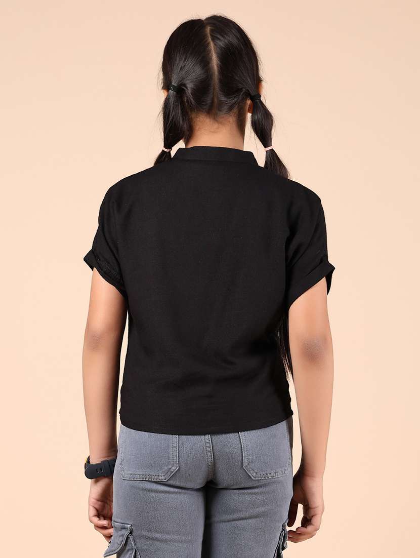 girls solid with work tie up neck top - 21767187 -  Standard Image - 3