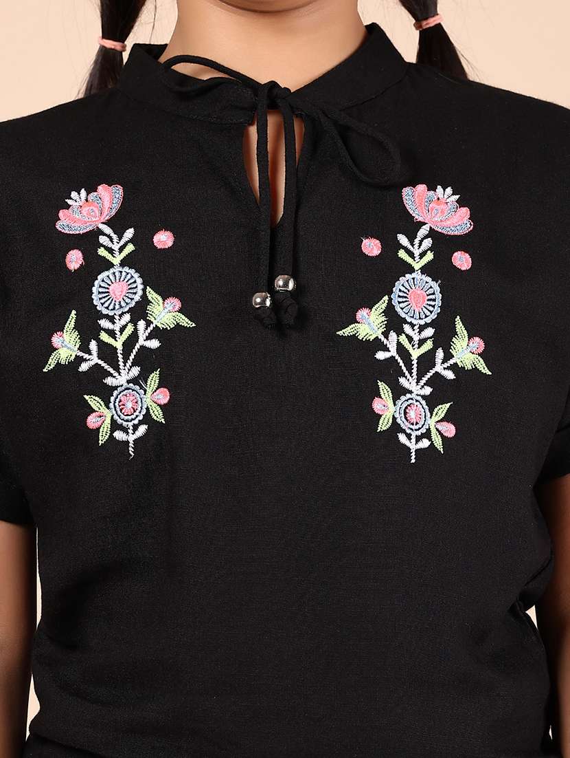 girls solid with work tie up neck top - 21767187 -  Standard Image - 5