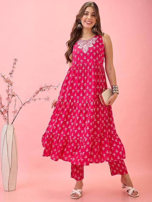 globus women pink embroidered yoke floral print tiered a-line festive kurta & pants set - 21767490 -  Standard Image - 0