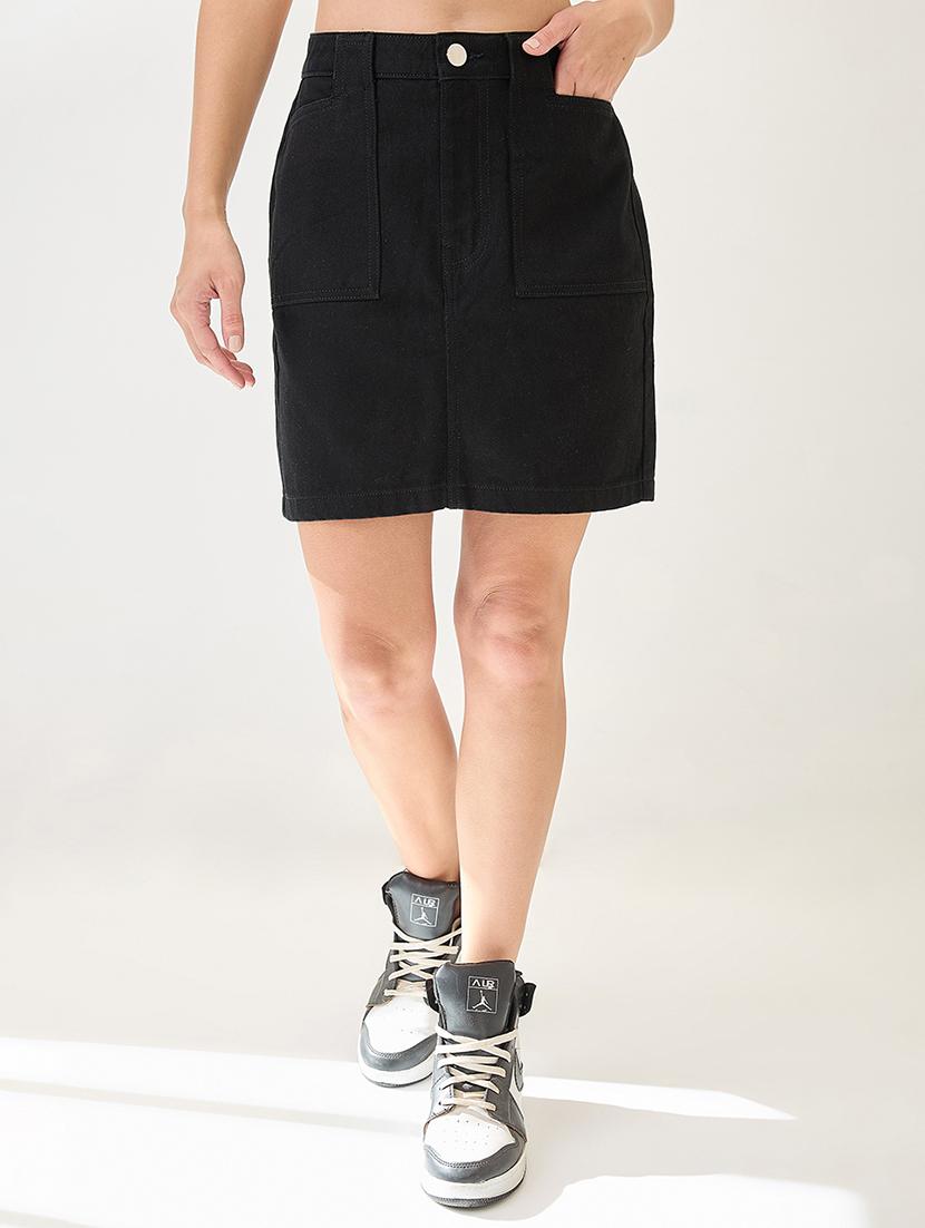 globus women black cotton mid rise pocket deatil mini denim skirt - 21767498 -  Zoom Image - 0