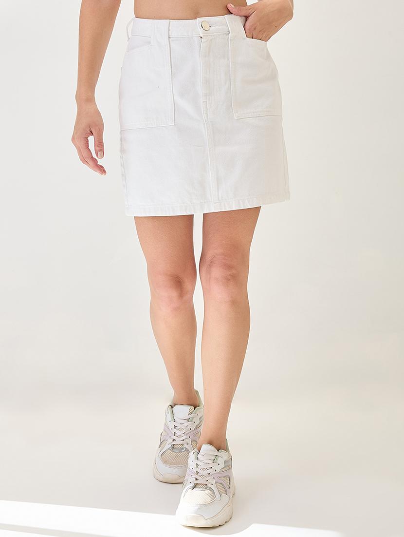 globus women white cotton mid rise pocket deatil mini denim skirt - 21767499 -  Zoom Image - 0