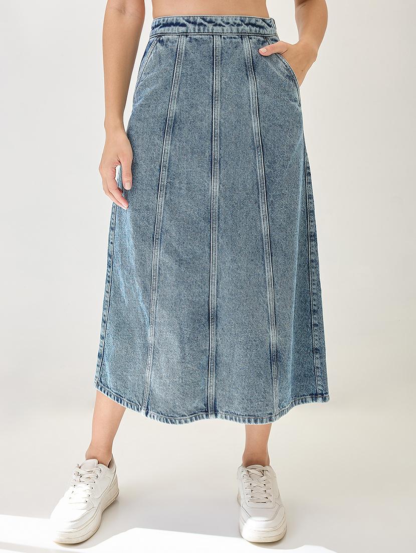 globus women light blue midi rise panelled a-line midi denim skirt - 21767500 -  Zoom Image - 0