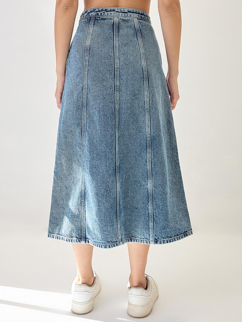 globus women light blue midi rise panelled a-line midi denim skirt - 21767500 - Standard Image - 3