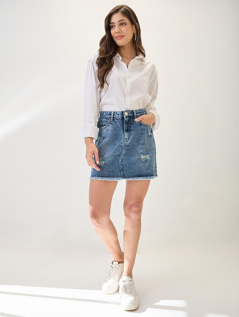 globus women med blue mid rise distressed & frayed hem mini denim skirt - 21767502 - Standard Image - 5