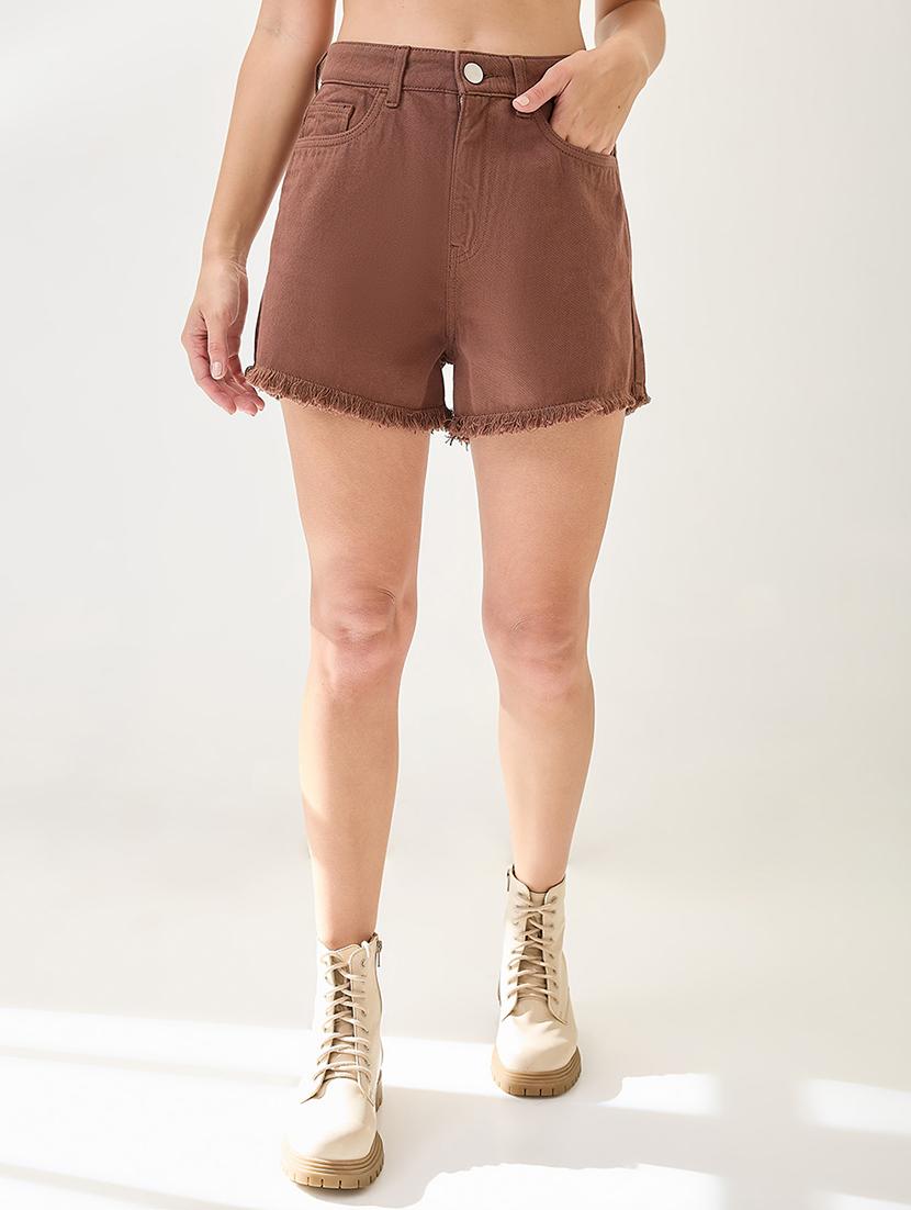 globus women mocha slim fit mid-rise frayed hem denim shorts - 21767518 -  Zoom Image - 0