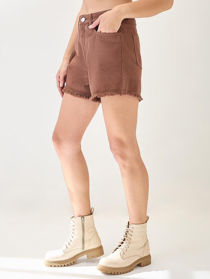 globus women mocha slim fit mid-rise frayed hem denim shorts - 21767518 - Standard Image - 3
