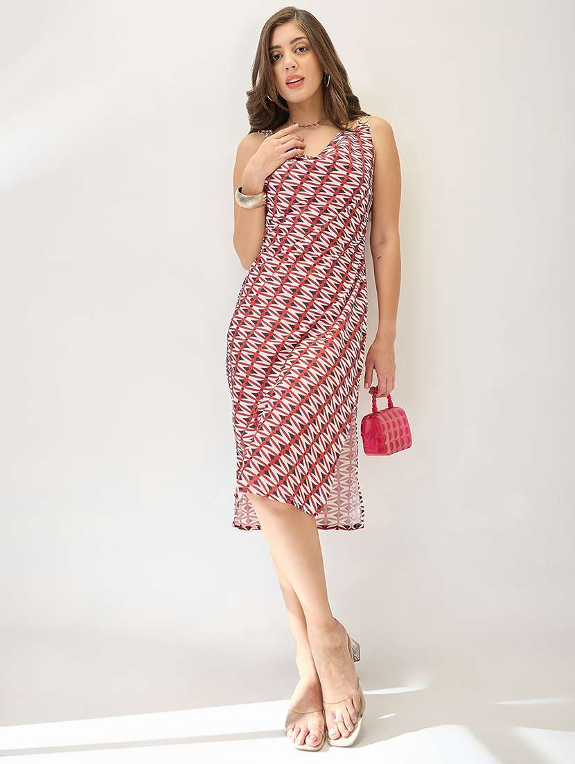 globus women red cowl neck metal shoulder straps side slits sheath midi party dress