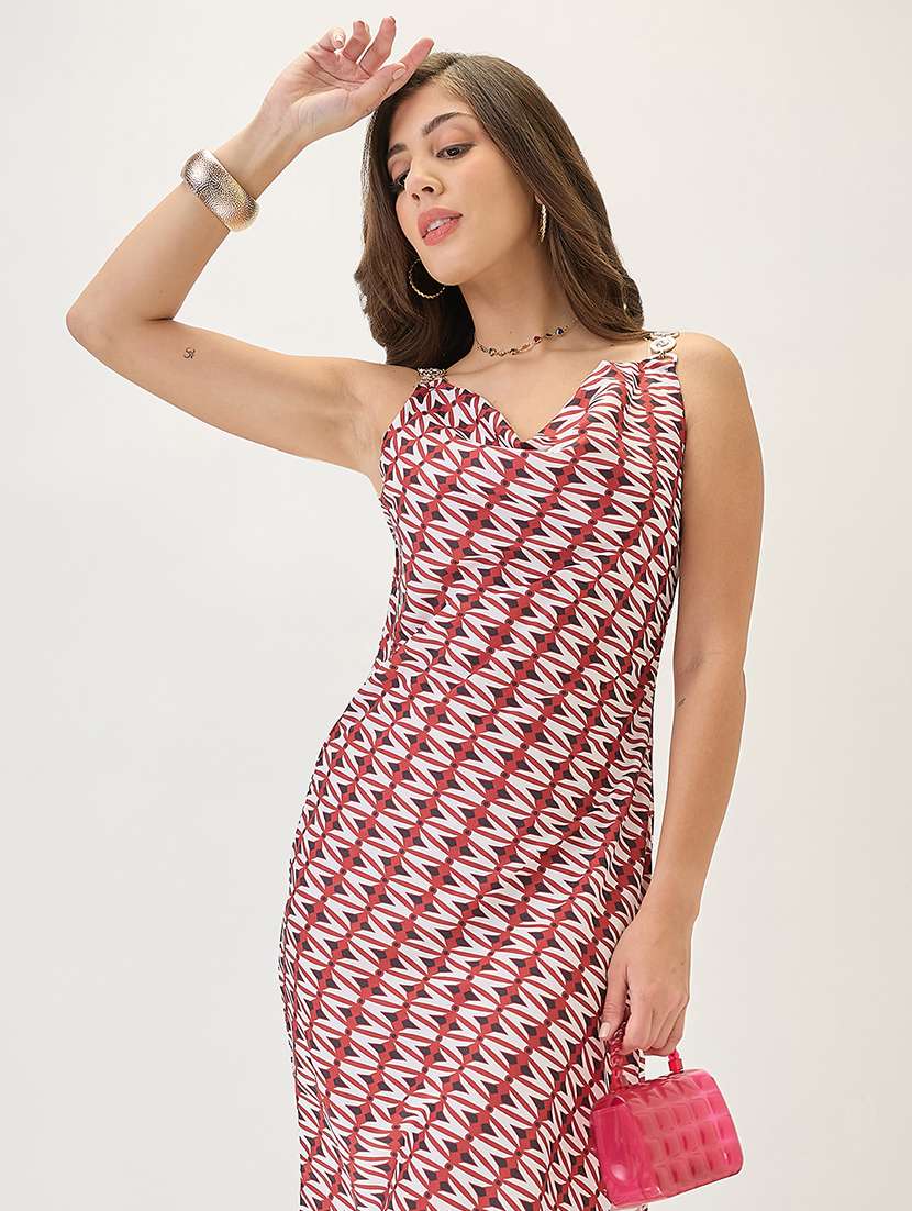 globus women red cowl neck metal shoulder straps side slits sheath midi party dress - 21767527 -  Standard Image - 3