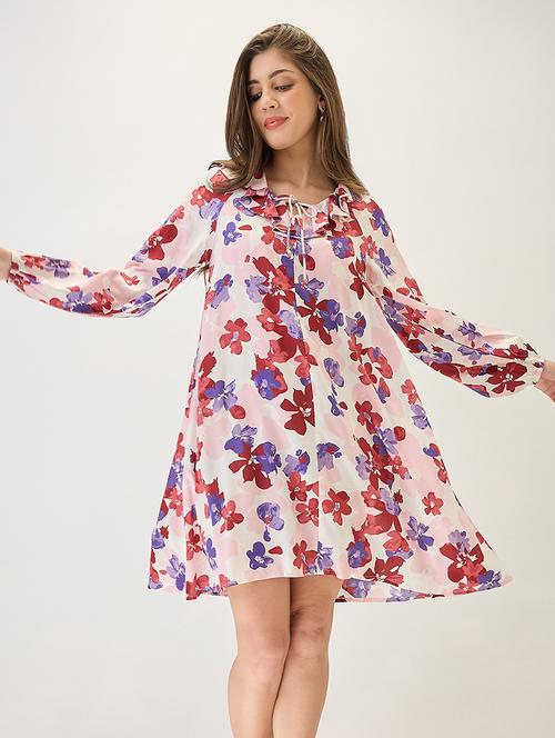 globus women white floral print ruffled v-neck bishop sleeves mini a-line workwear dress - 21767528 -  Standard Image - 0