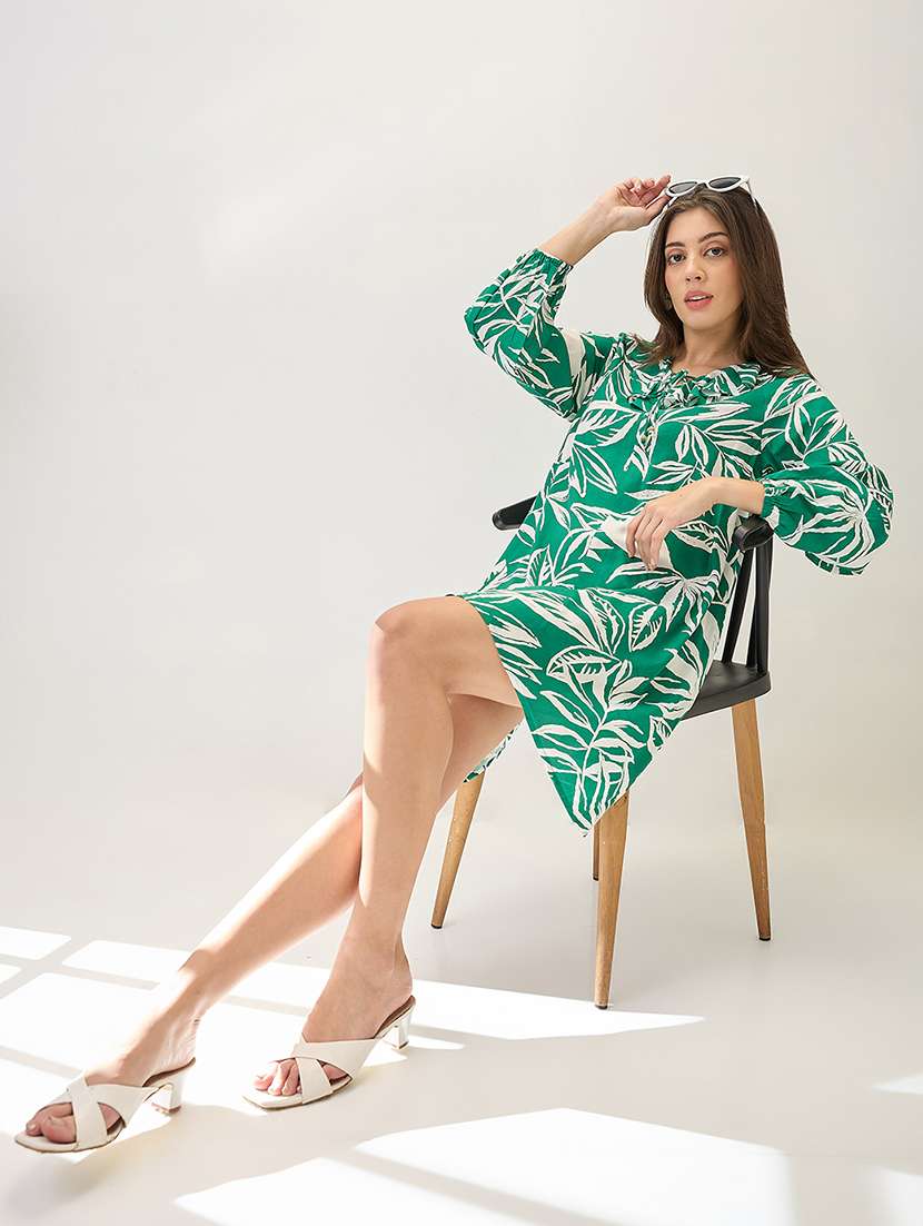 globus women green tropical print ruffled v-neck bishop sleeves mini a-line workwear dress - 21767529 -  Standard Image - 3