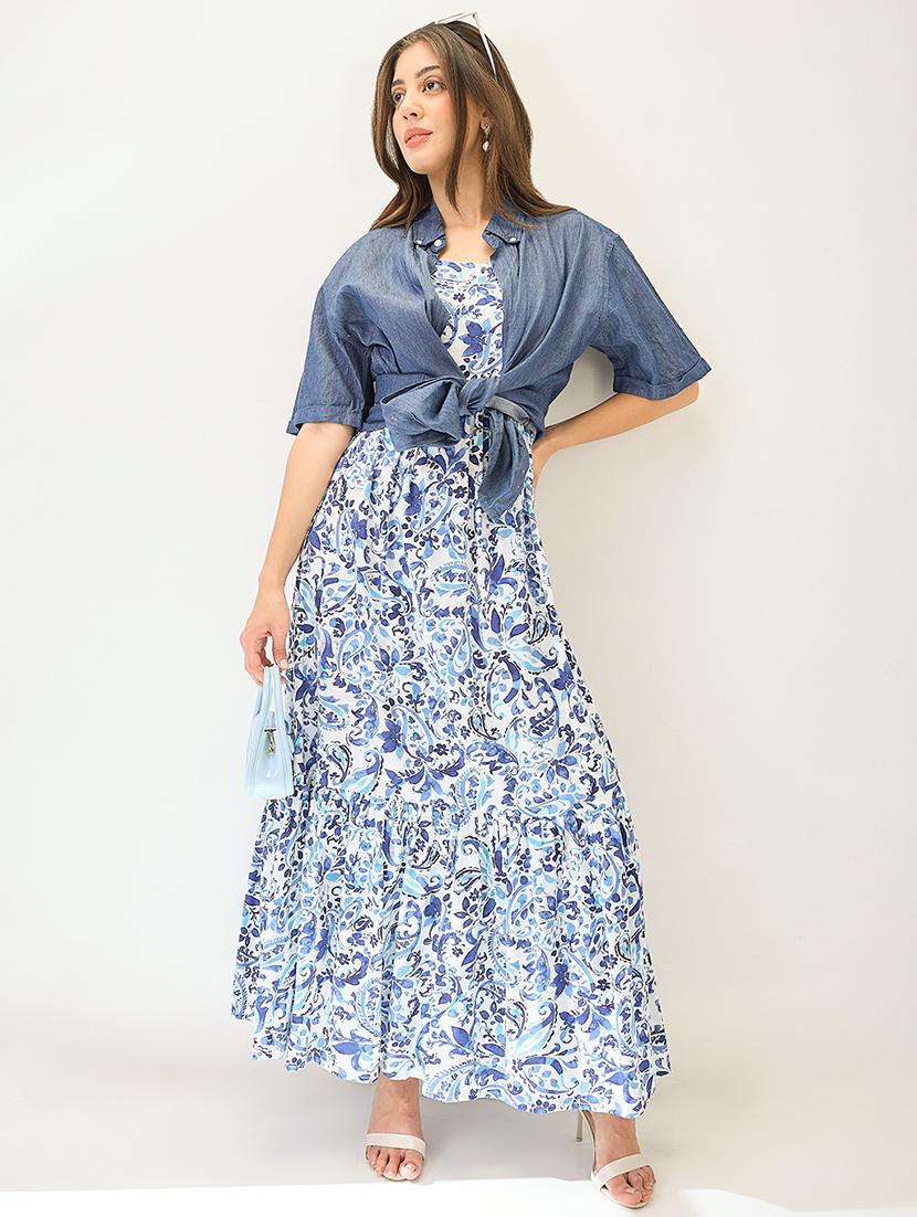 globus women blue paisley printed v-neck strappy sleeves tiered fit & flare maxi dress - 21767532 - Zoom Image - 0