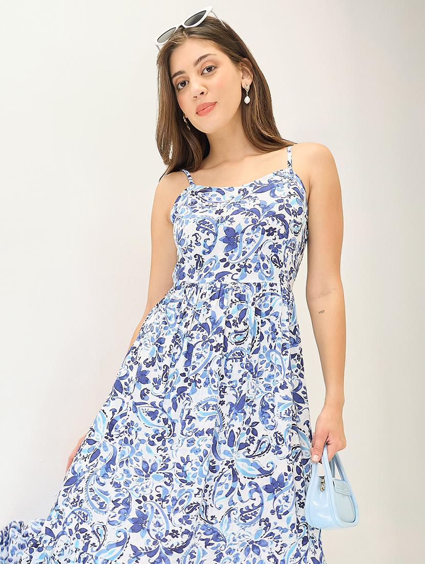 globus women blue paisley printed v-neck strappy sleeves tiered fit & flare maxi dress - 21767532 - Standard Image - 3