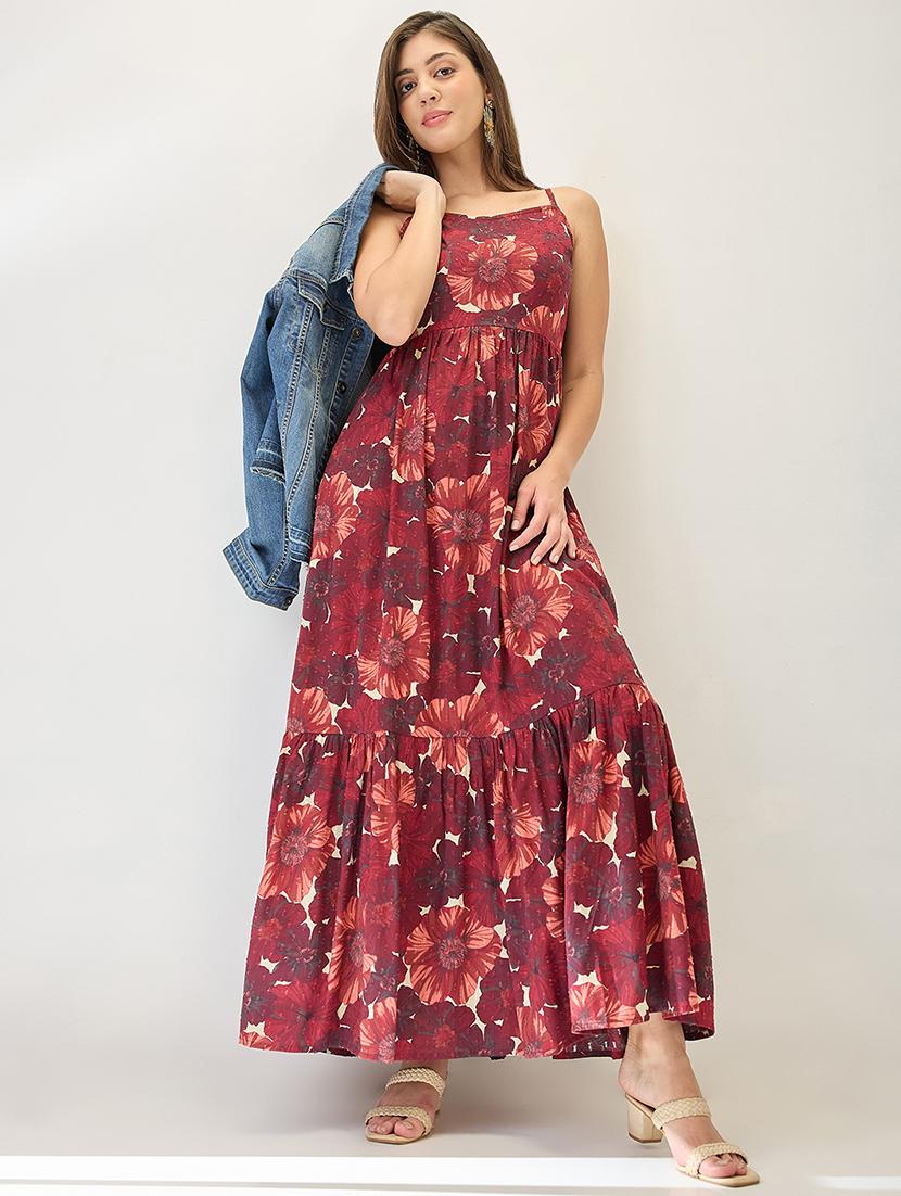 globus women blue floral printed v-neck strappy sleeves tiered fit & flare maxi dress - 21767533 -  Zoom Image - 0